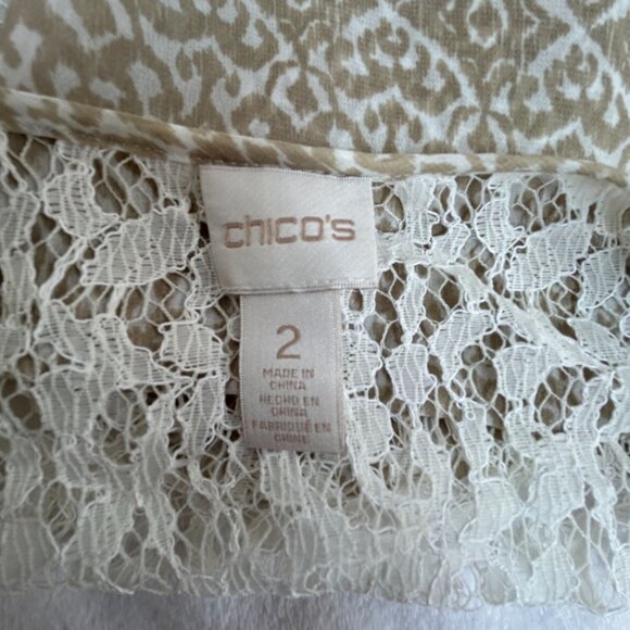 Chico’s Womens Woodblock Geo Lucinda Tan Sheer Lace Top Size 2 Splitback Casual - Picture 3 of 8